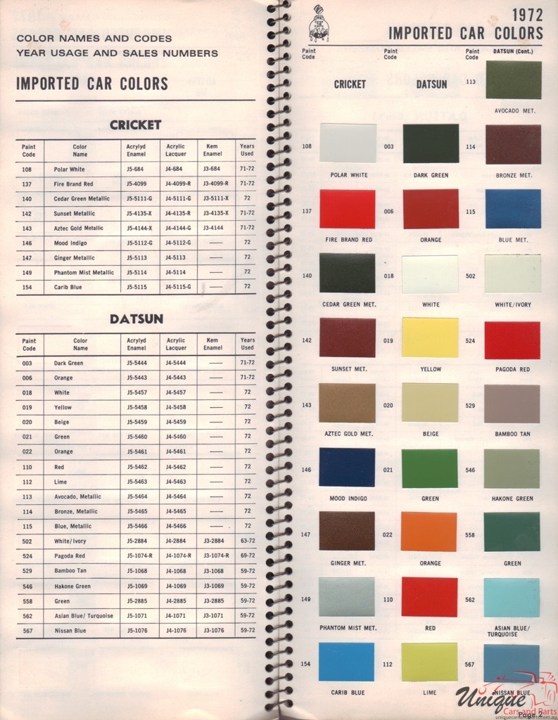 1972 Datsun Paint Charts Williams 1